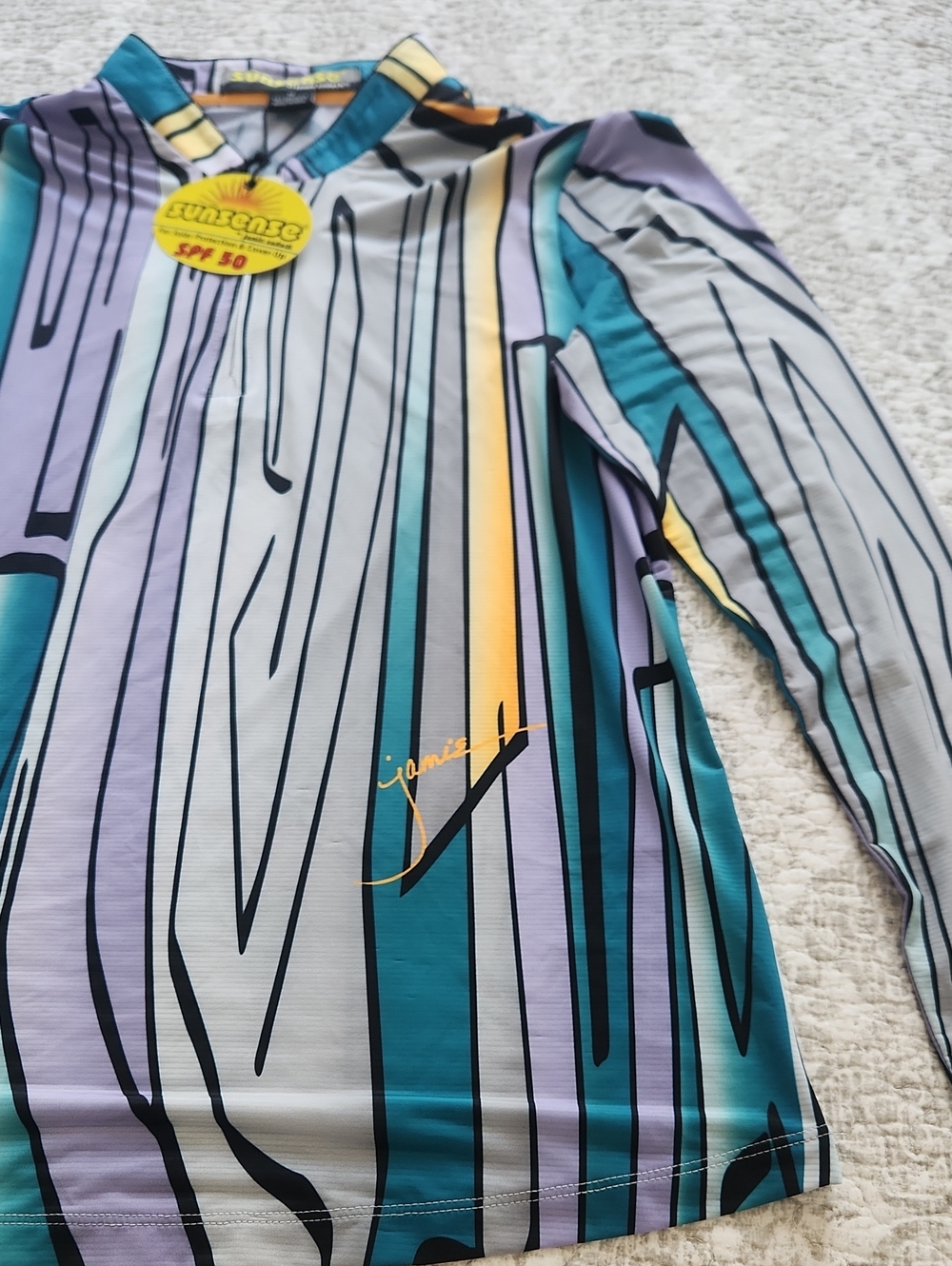 jamie sadock sunsense Lavender & Teal Geometric Zip-Front Long Sleeve Polo - Picture 5 of 6